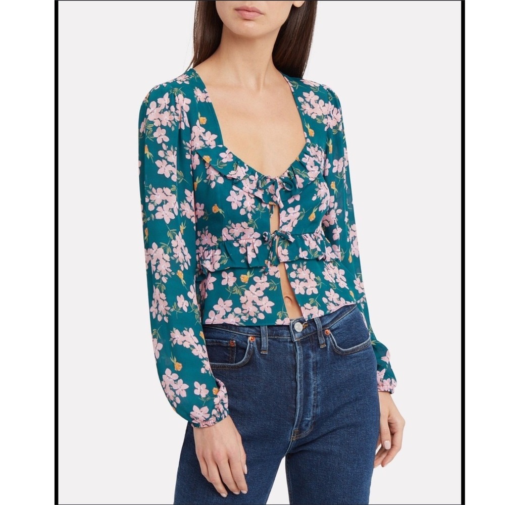 Intermix Silk Amara Floral Printed Top Green Pink Ruffle Tie Front Size 8 NEW